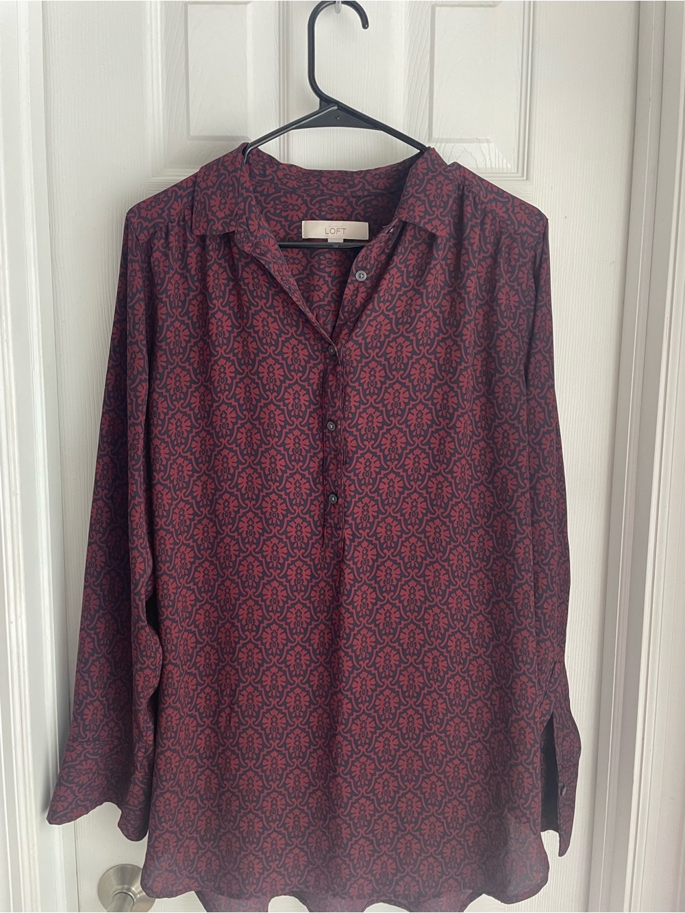 LOFT Burgundy and Black Printed Button-Down Blouse